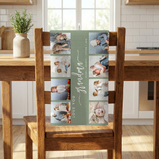 Love You Grandma 8 Photo Collage Sage Green Tea Towel