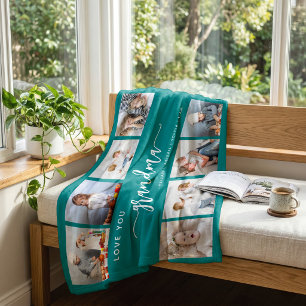 Love You Grandma 8 Photo Collage Teal Blue Fleece Blanket
