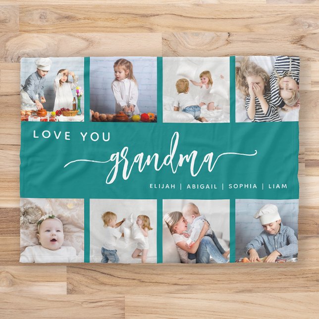 Love You Grandma 8 Photo Collage Teal Blue Fleece Blanket (Creator Uploaded)