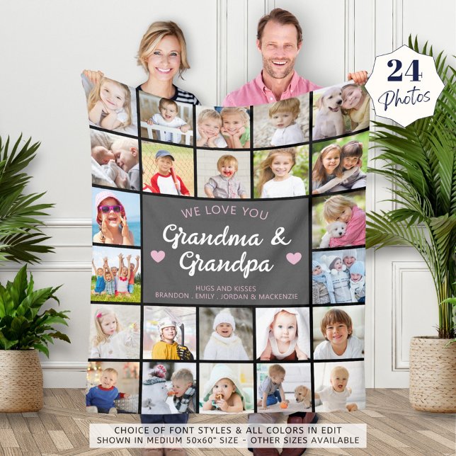 Love You Grandma and Grandpa 24 Photo Custom Colou Fleece Blanket (Creator Uploaded)