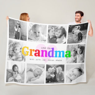 Love You Grandma Colourful Modern 10 Photo Collage Fleece Blanket