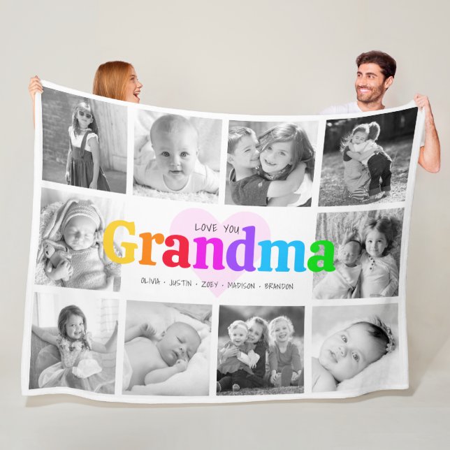 Love You Grandma Colourful Modern 10 Photo Collage Fleece Blanket (In Situ)