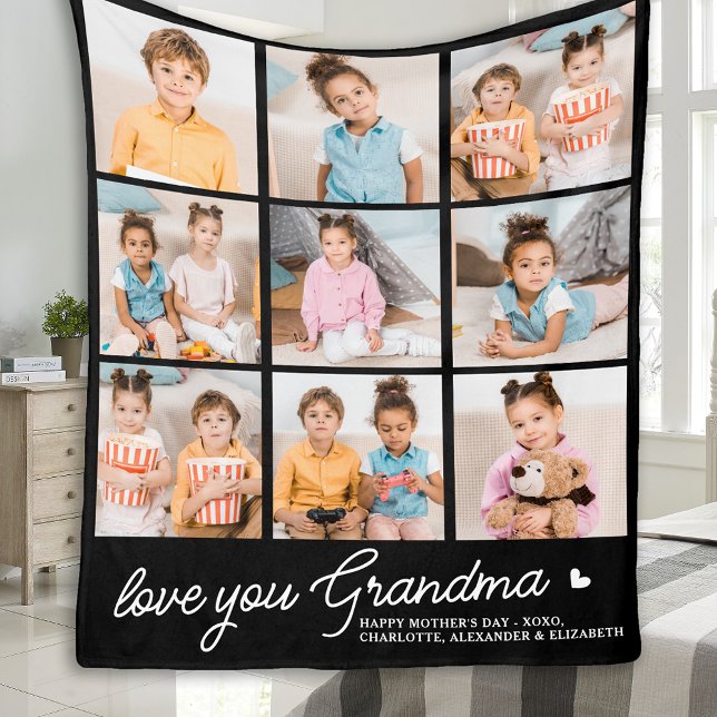 Love You Grandma Custom Modern 9 Photo Collage  Fleece Blanket (Creator Uploaded)