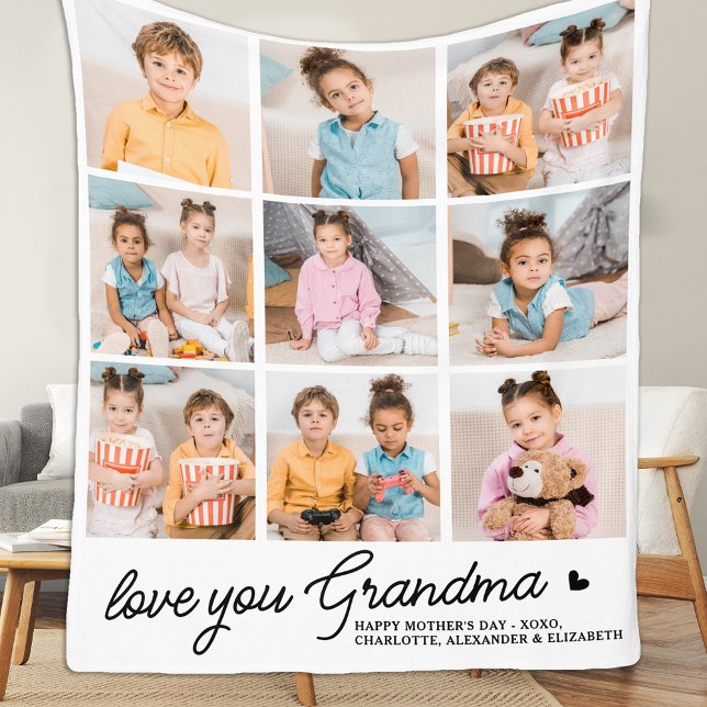 Love You Grandma Custom Modern Simple 9 Photo Fleece Blanket (Creator Uploaded)