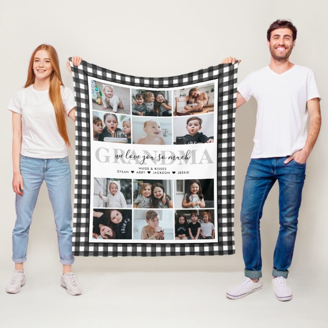 Love You Grandma Custom Text 12-Photo Gingham Fleece Blanket (In Situ)