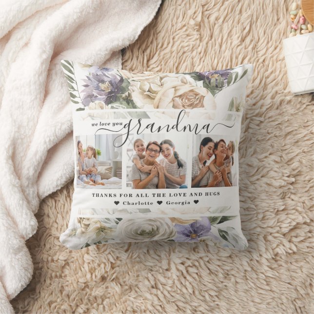 Love You Grandma | Floral Three Photo Collage Cushion (Blanket)