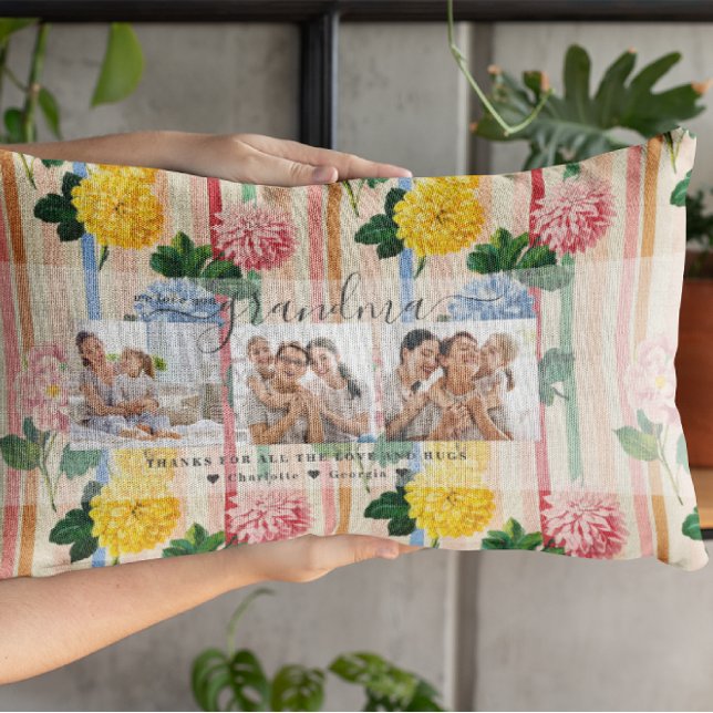 Love You Grandma | Floral Three Photo Collage Lumbar Cushion (Creator Uploaded)
