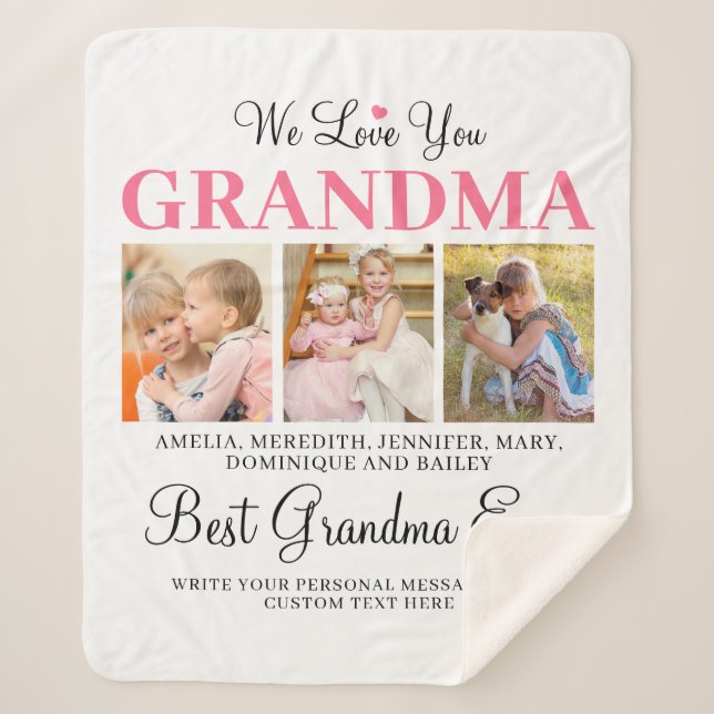 Love You GRANDMA Grandchildren Photo Collage White Sherpa Blanket (Front)