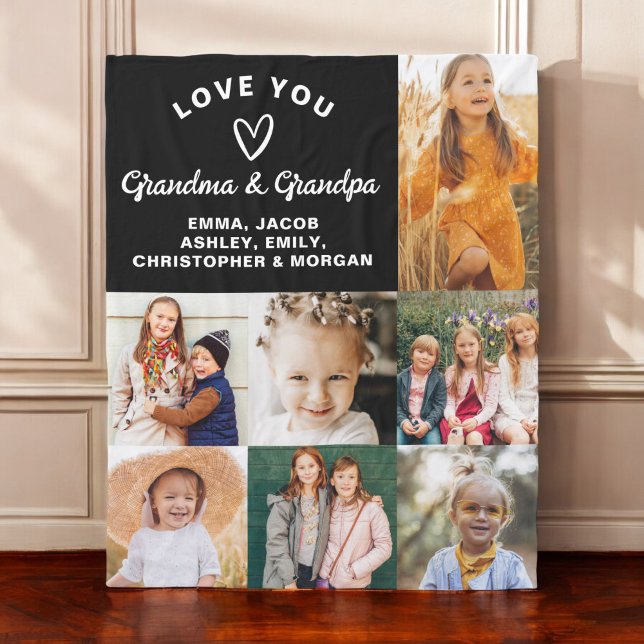 Love You Grandma & Grandpa 7 Photo Black Fleece Blanket (Creator Uploaded)