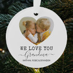 Love You Grandma Heart Christmas Tree Photo Ornament<br><div class="desc">Personalised grandma christmas tree ornament,  featuring 2 family photos in a cute heart shape,  the words "we love you grandma",  and the grandchildren names. Can be changed to any relation!</div>