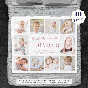 Love You Grandma Hearts 10 Photo Personalised  Fleece Blanket