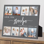 Love You Grandpa 8 Photo Collage Grey Plaque<br><div class="desc">Give Grandpa a gift he'll cherish. This photo collage plaque features eight of his favourite square photos of the grandkids, along with the message "Love You Grandpa." The word "grandpa" appears in elegant white handwriting script with flourishes at the beginning and end on a grey background. Add the names of...</div>