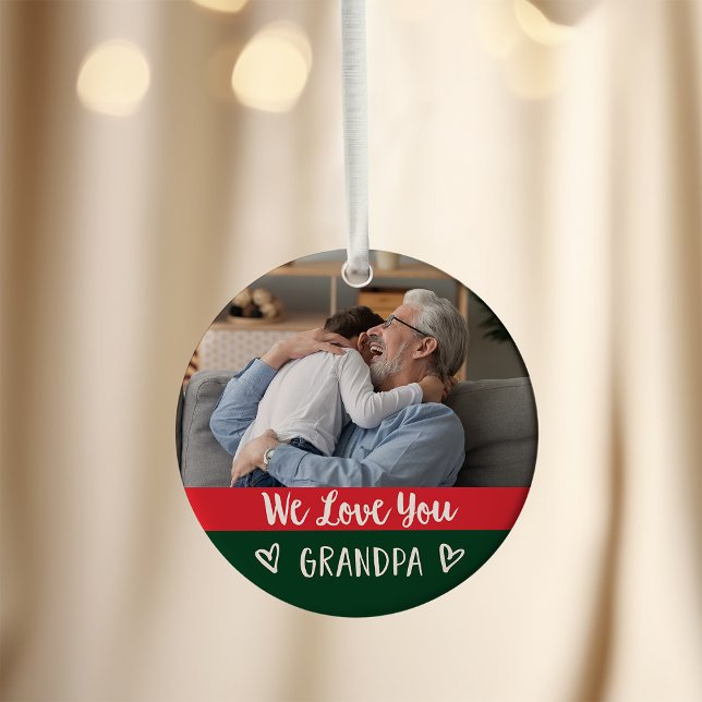 Love You Grandpa | Red Green Colour Block Two Phot Ornament (A colorful, modern red and green holiday ornament with two photos for your grandpa)