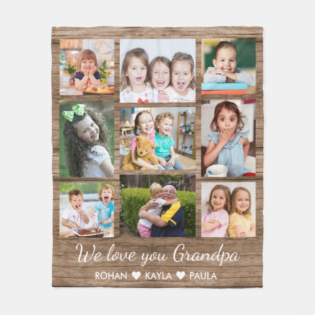 Love You Grandpa  Rustic Wood 9 Photo Collage   Fleece Blanket (Front)
