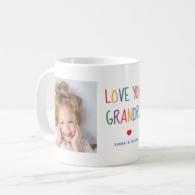 Love You Grandpa  | Two Photo Rainbow Colored Text Coffee Mug (Front Left)