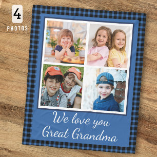 Love You Great Grandma 4 Photo Collage Blue Plaid Fleece Blanket