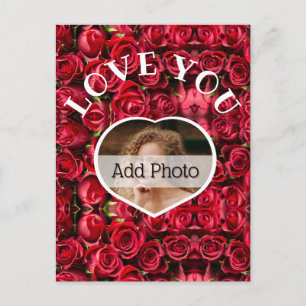 Love You Heart Photo Red Roses Modern Script Cute Postcard