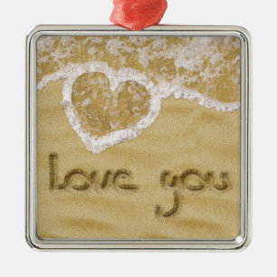 "Love you" Heart written in Sand Metal Ornament