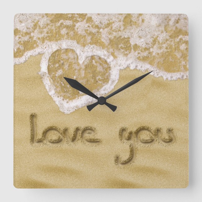"Love you" Heart written in Sand Square Wall Clock (Front)