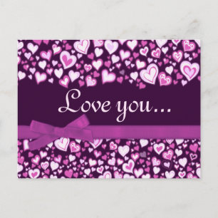 Love you hearts & bows pink purple postcard