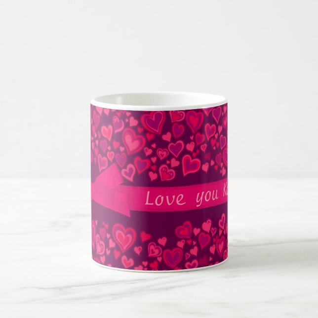 "Love you" hearts red pink mauve name mug (Center)