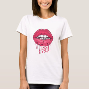 Love You Hot Pink Dripping Lips Womens  T-Shirt