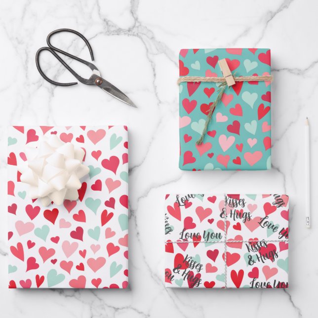 Love You Kisses & Hugs Hearts Wrapping Paper Sheet (Front)
