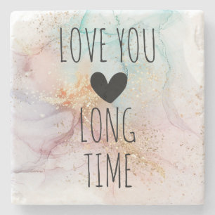 Love You Long Time Rainbow Ink Gold Glitter Stone Coaster