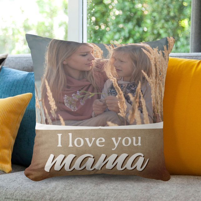 Love you Mama Script Rustic Mother Family Photo Cushion (Creator Uploaded)