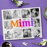 Love You Mimi Bold Rainbow 10 Photo Collage Modern Jigsaw Puzzle<br><div class="desc">“Love you Mimi.” She’s loving every minute with her grandkids. A playful, whimsical, stylish visual of multicolor rainbow bold typography and black handwritten typography overlay a soft, light pink heart and a white background. Add 10 cherished photos of your choice and customise the names and message, for the perfect modern,...</div>