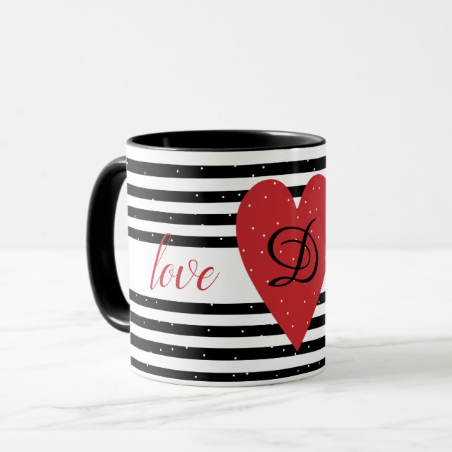 Love You Modern Red Heart Stripes monogram Mug (Front Left)