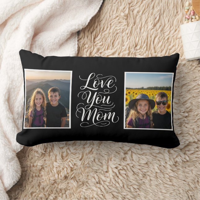 Love You Mom 2 Photo Modern Keepsake black white Lumbar Cushion (Blanket)
