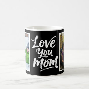 Love You Mom Two Photo Brush Script black white Coffee Mug