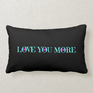 Love You More, Aqua Pink Hearts on Black Lumbar Cushion