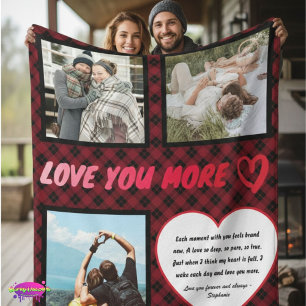 "Love You More" Photo and Love Poem Plaid Fleece Blanket
