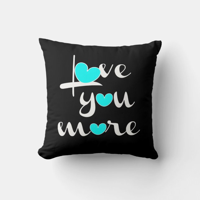 Love You More, White Aqua Hearts on Black Cushion (Front)