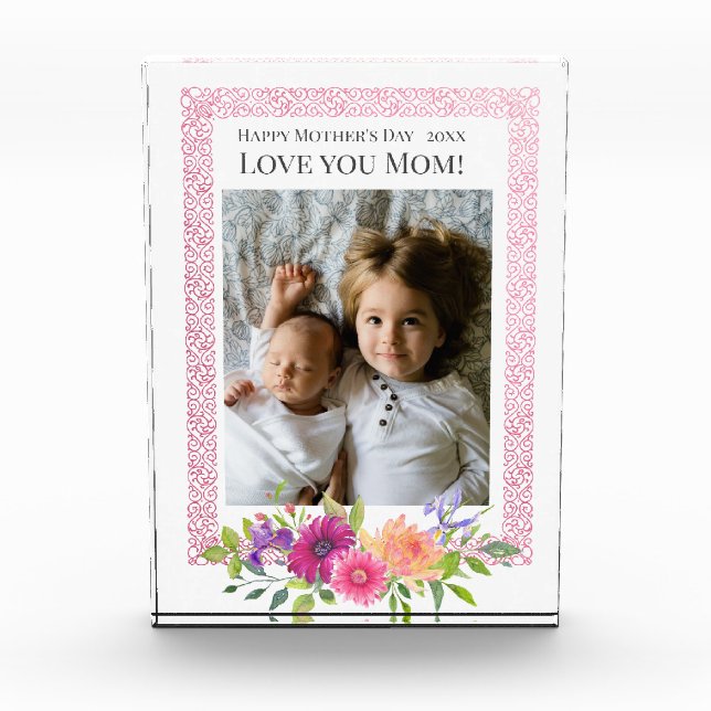 Love You Mum! Beautiful Pink Flowers Photo Block (Front)