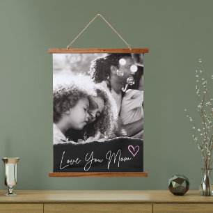 Love You Mum Black White Pink Heart Custom Photo Hanging Tapestry