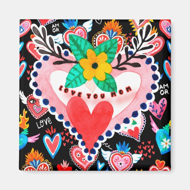 Love You Mum Colourful Mexican Hearts Mother's Day Magnet (Front)