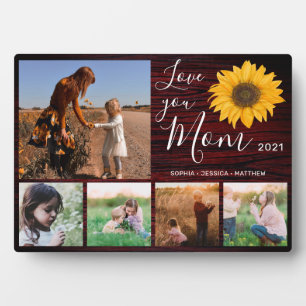 Love You Mum Family Photo Collage Rustic Sunflower Plaque