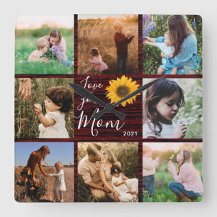 Love You Mum Family Photo Collage Rustic Sunflower Square Wall Clock
