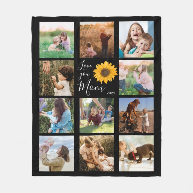 Love You Mum Family Photo Collage Sunflower Fleece Blanket (Front)