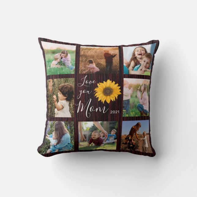 Love You Mum Family Photo Collage Sunflower Rustic Cushion (Front)