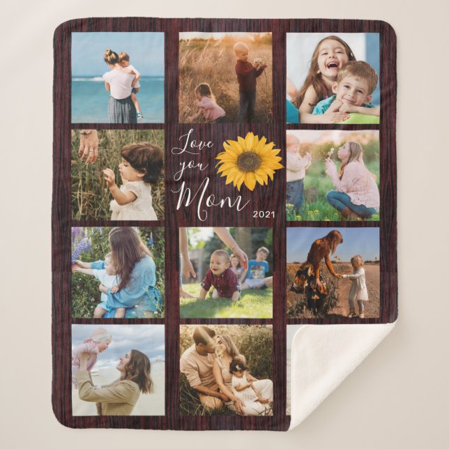 Love You Mum Family Photo Collage Sunflower Rustic Sherpa Blanket (Front)