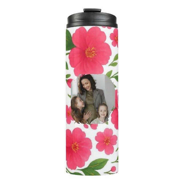 Love You Mum Floral Red Thermal Tumbler with Photo (Front)