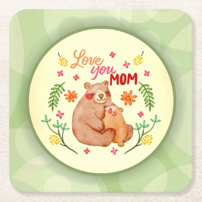 Love You Mum - Mama Bear and Cub Mother's Day Square Paper Coaster (Front)