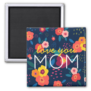 Love You Mum Modern Floral in Blue and Coral Magnet