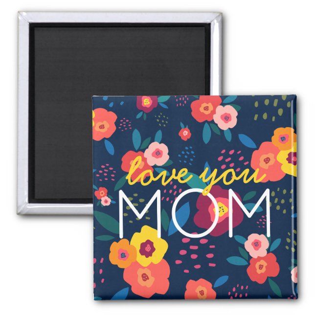 Love You Mum Modern Floral in Blue and Coral Magnet (Front)