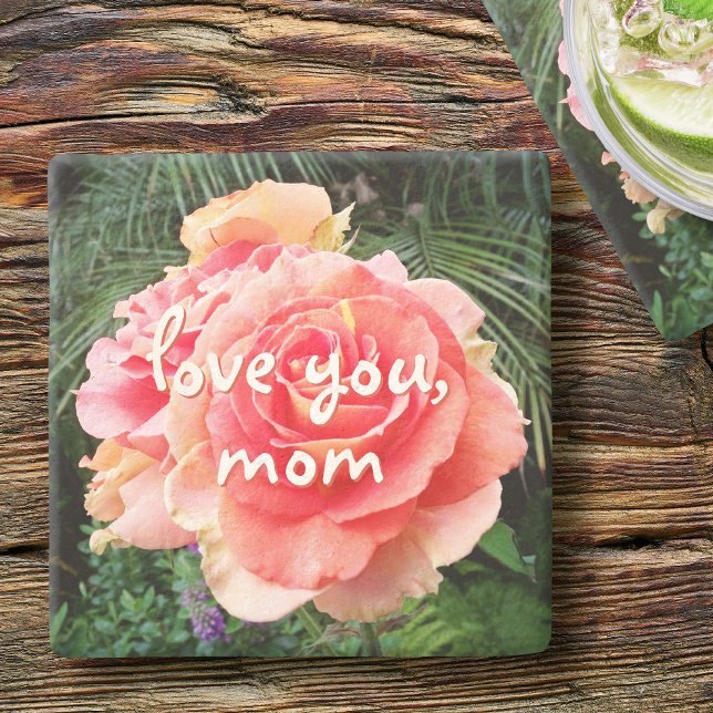 Love You Mum Pink Rose Flower Photo Script Stylish Stone Coaster (Creator Uploaded)