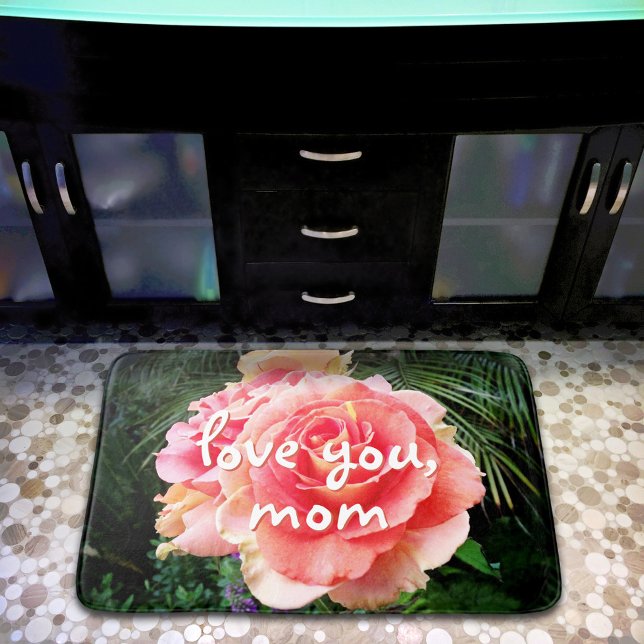 Love You Mum Quote Pink Rose Photography Modern Bath Mat (Creator Uploaded)